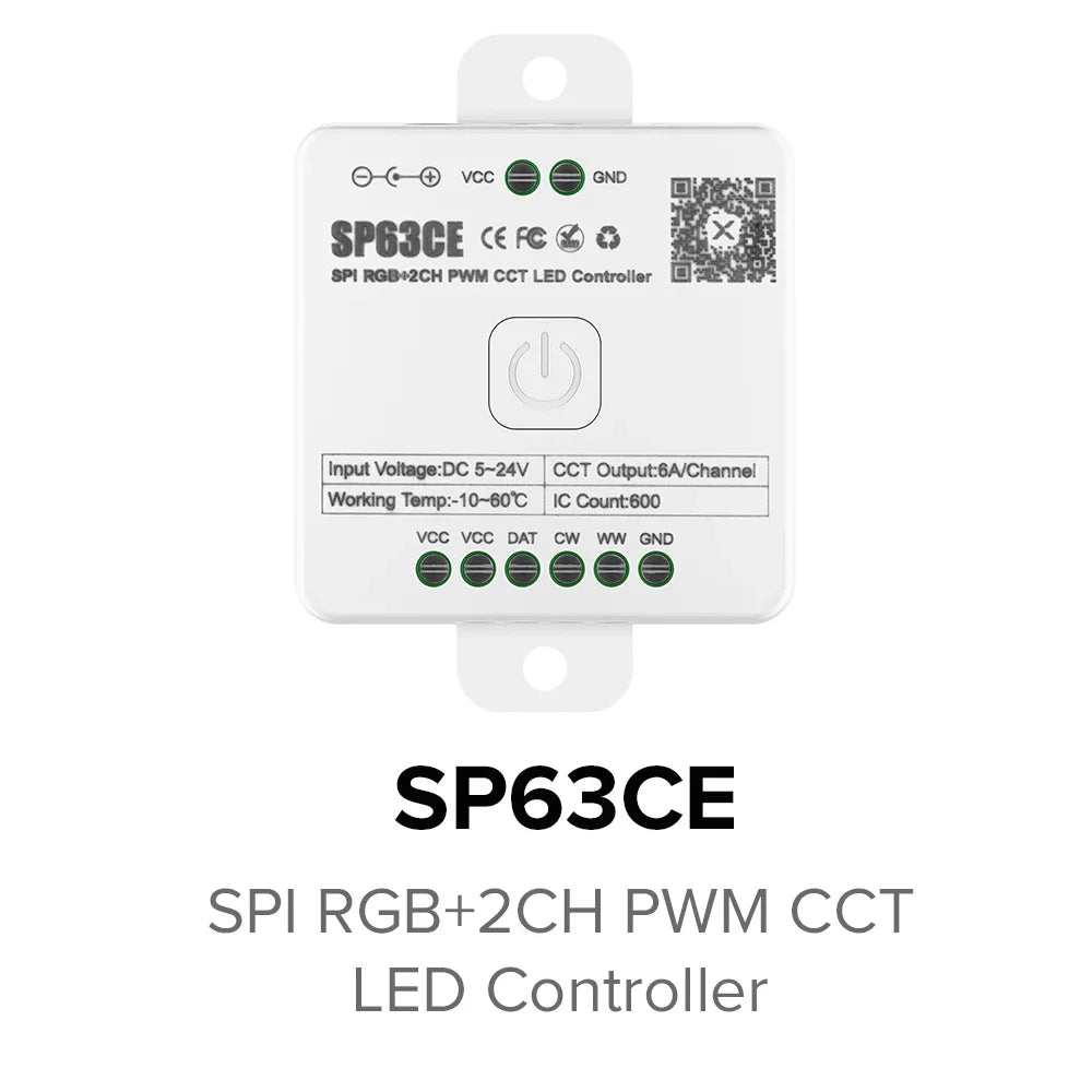 SP630E All-in-One LED Controller 5CH PWM SPI, RGB/RGBW/CCT Music Sync Bluetooth, Compatible with WS2812B WS2811 SK6812 FCOB 5050 5V–24V LED Strip