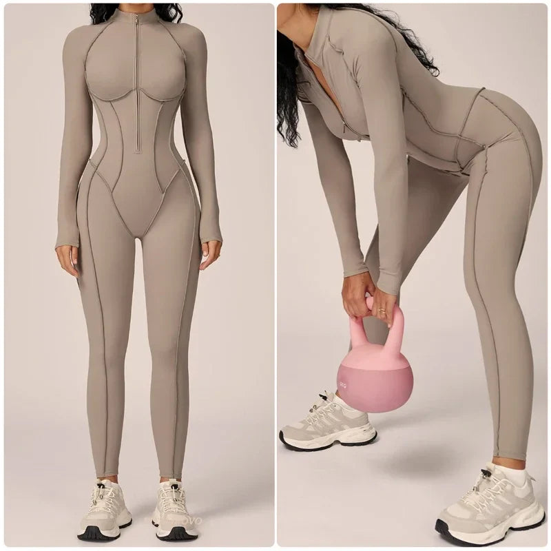 VITALINOVO Women’s Athletic Onesie Jumpsuit – Long Sleeve Zip-Up Running Romper, Bodycon Workout & Hiking One-Piece Activewear Outfit