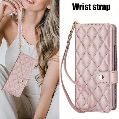 PU Leather Flip Wallet Case for Samsung Galaxy Z Fold 6/5/4/3 5G – Card Holder, Wrist Strap, Crossbody Stand Cover