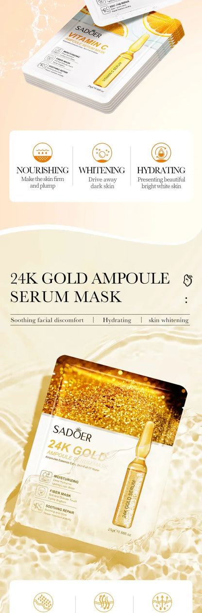 15pcs 24K Gold Hyaluronic Acid Face Mask, Firming, Moisturizing, Anti-Wrinkle, Whitening Skin Care Masks