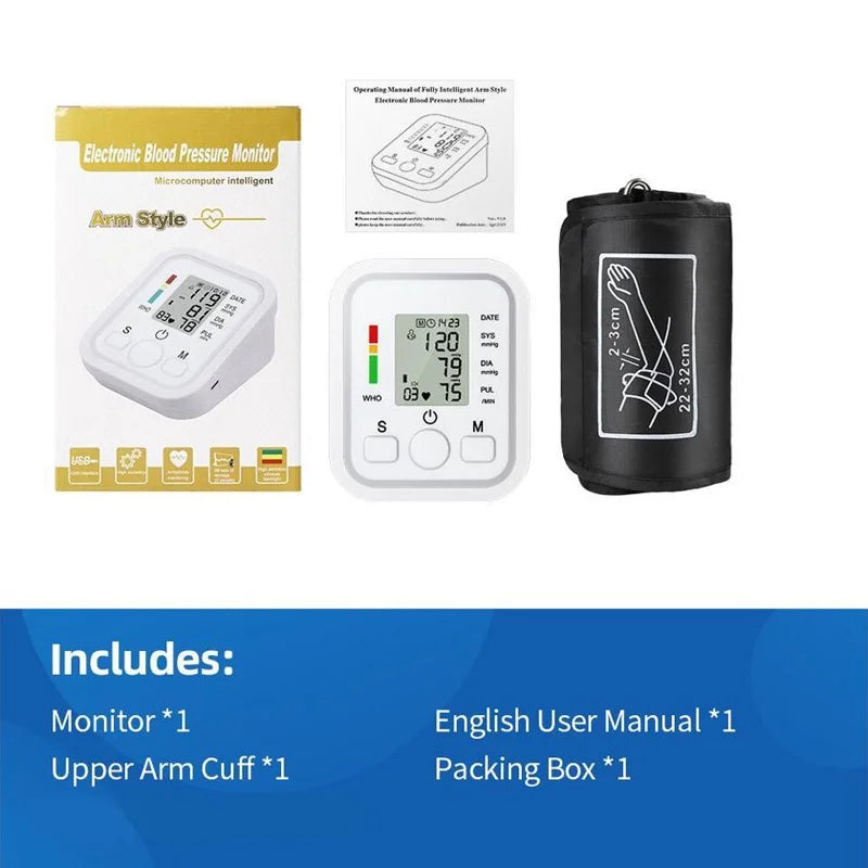 Automatic Tonometer Arm Blood Pressure Monitor – Digital BP Equipment with LED Display and Pressure Sensor Cuff