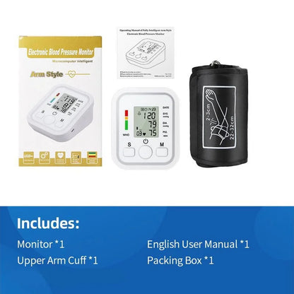Automatic Tonometer Arm Blood Pressure Monitor – Digital BP Equipment with LED Display and Pressure Sensor Cuff