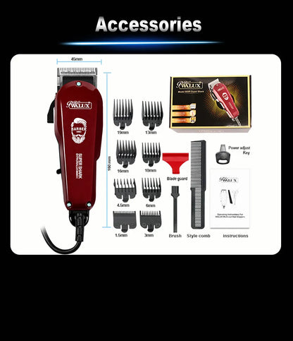 WALUX Professional AC220-240V Hair Clipper – 10W Powerful Hair Trimmer with 2M Cable & 8 Guard Combs for Home Use