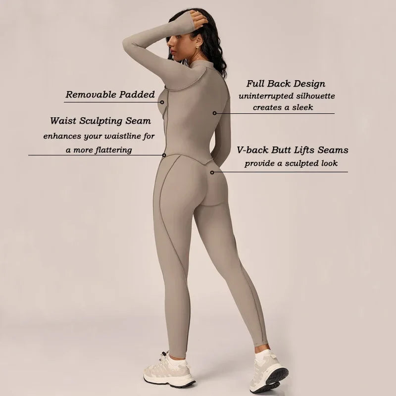 VITALINOVO Women’s Athletic Onesie Jumpsuit – Long Sleeve Zip-Up Running Romper, Bodycon Workout & Hiking One-Piece Activewear Outfit