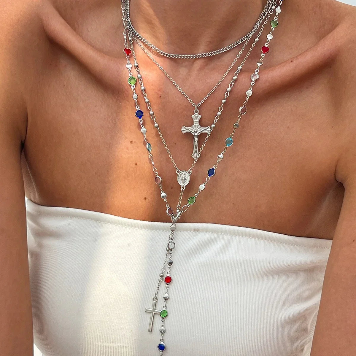 4Pcs Colorful Crystal Necklace Set - Gold & Silver Y-Shaped Pendant Chain Jewelry for Women with Cross Design
