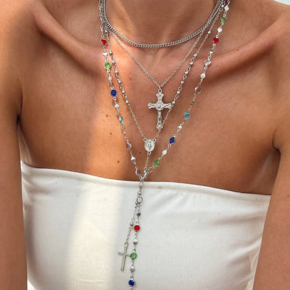 4Pcs Colorful Crystal Necklace Set - Gold & Silver Y-Shaped Pendant Chain Jewelry for Women with Cross Design