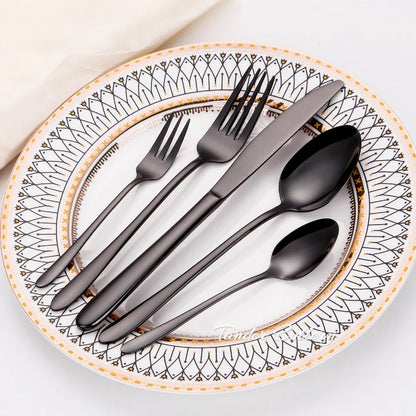 30/35/40-Piece Western Tableware Set – Elegant Black Stainless Steel Cutlery with Mirror Finish, Knife, Fork, Spoon for Kitchen and Dining