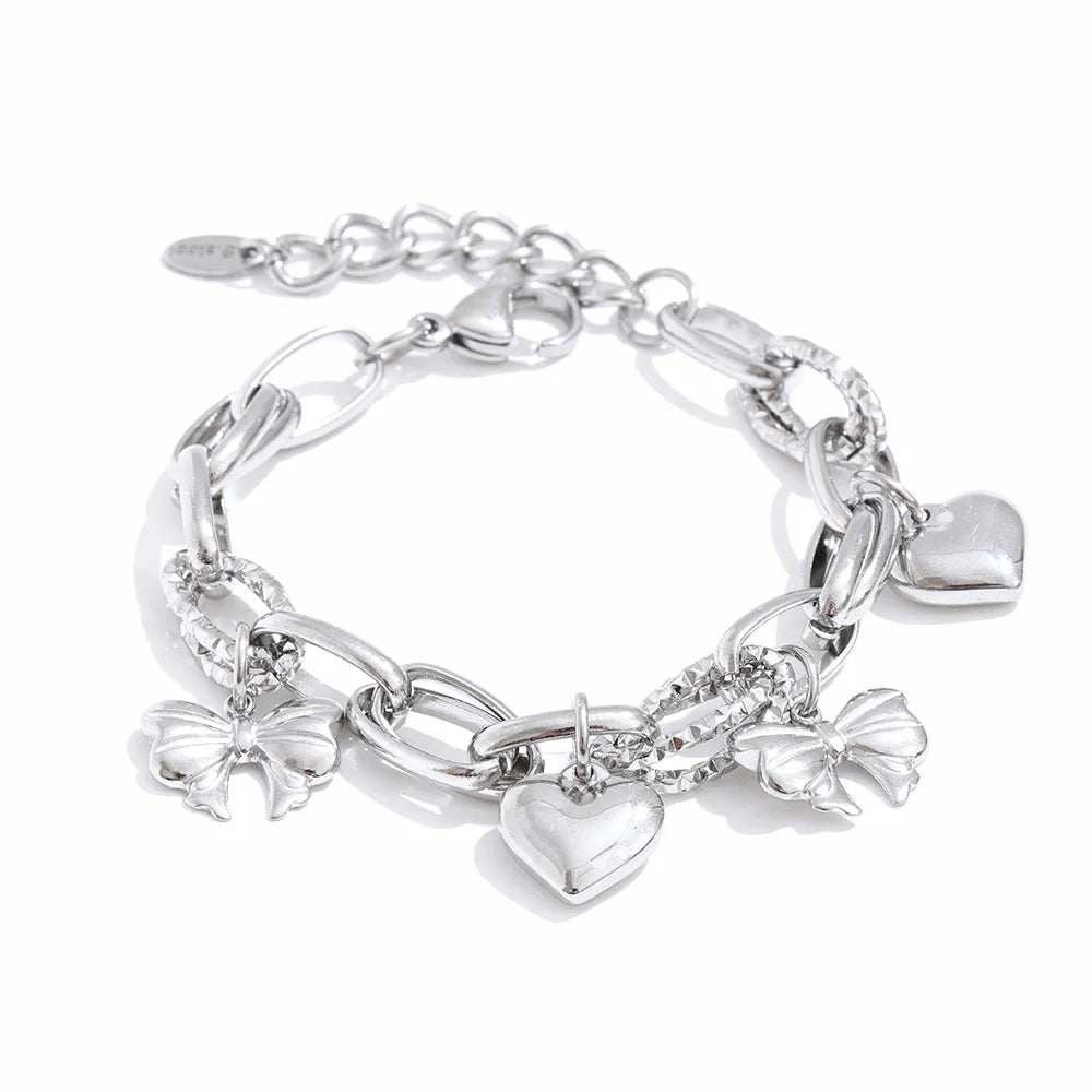NiNice Stainless Steel Heart & Bow Pendant Bracelet – Romantic DIY Fashion Jewelry Gift for Women, Elegant Trendy Design