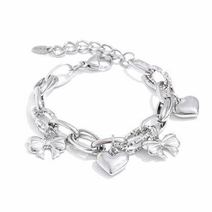 NiNice Stainless Steel Heart & Bow Pendant Bracelet – Romantic DIY Fashion Jewelry Gift for Women, Elegant Trendy Design