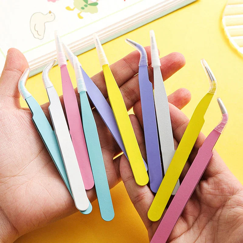 Colorful Stainless Steel Tweezers Set - Straight & Curved, Pink, Blue, Purple for DIY Eyelash, Nail Art and Rhinestone Picking