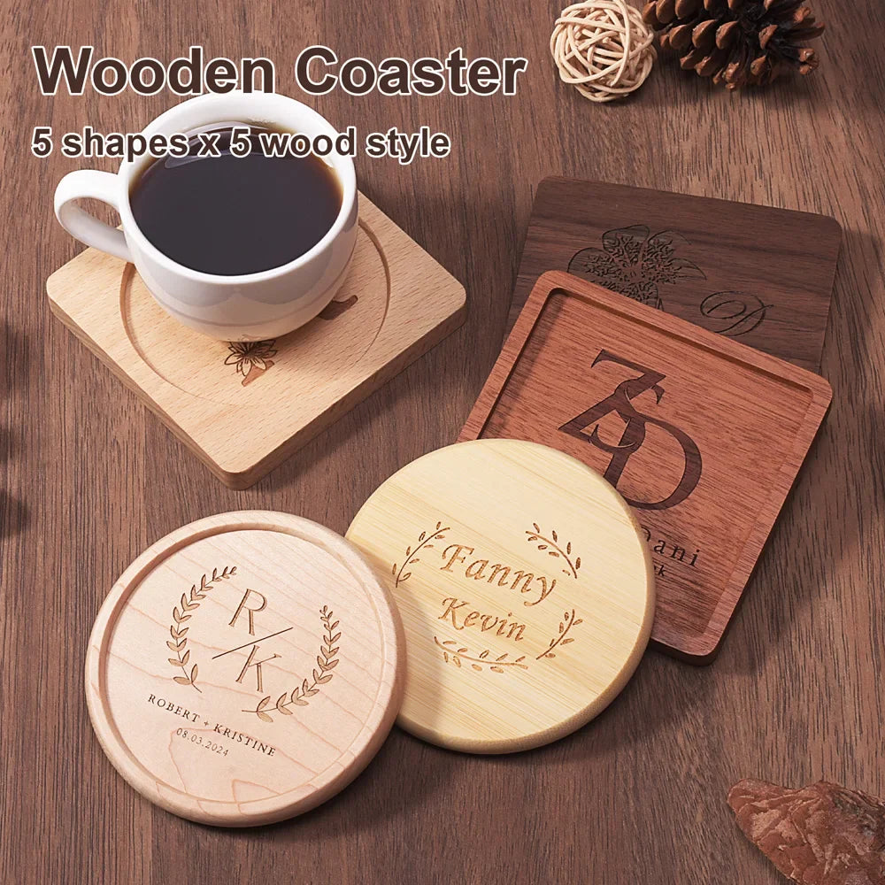 Solid Walnut & Beech Wood Coaster — Durable Heat-Resistant Round & Square Cup Mat, 8.8cm Tea & Coffee Placemat