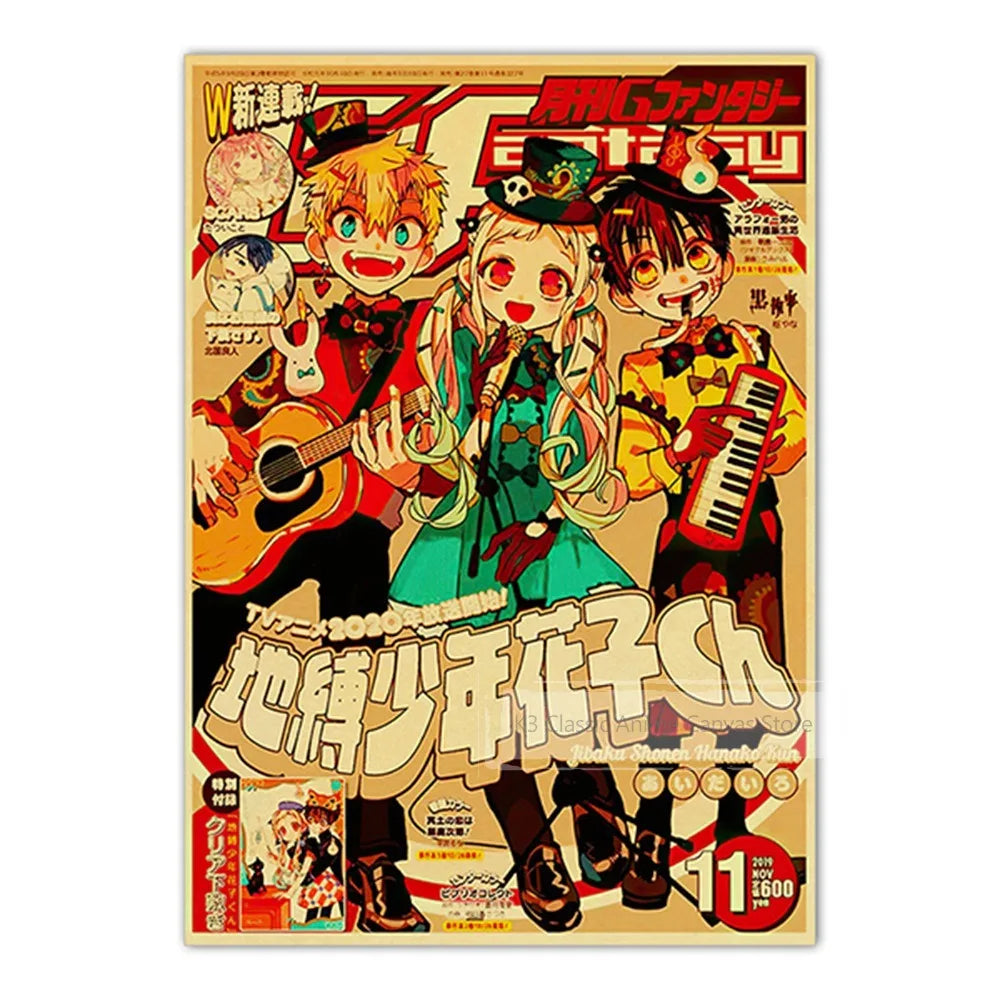 Vintage Anime Kraft Paper Poster Set – JoJo’s Bizarre Adventure, Jujutsu Kaisen & Demon Slayer Wall Art for Room Home Decor
