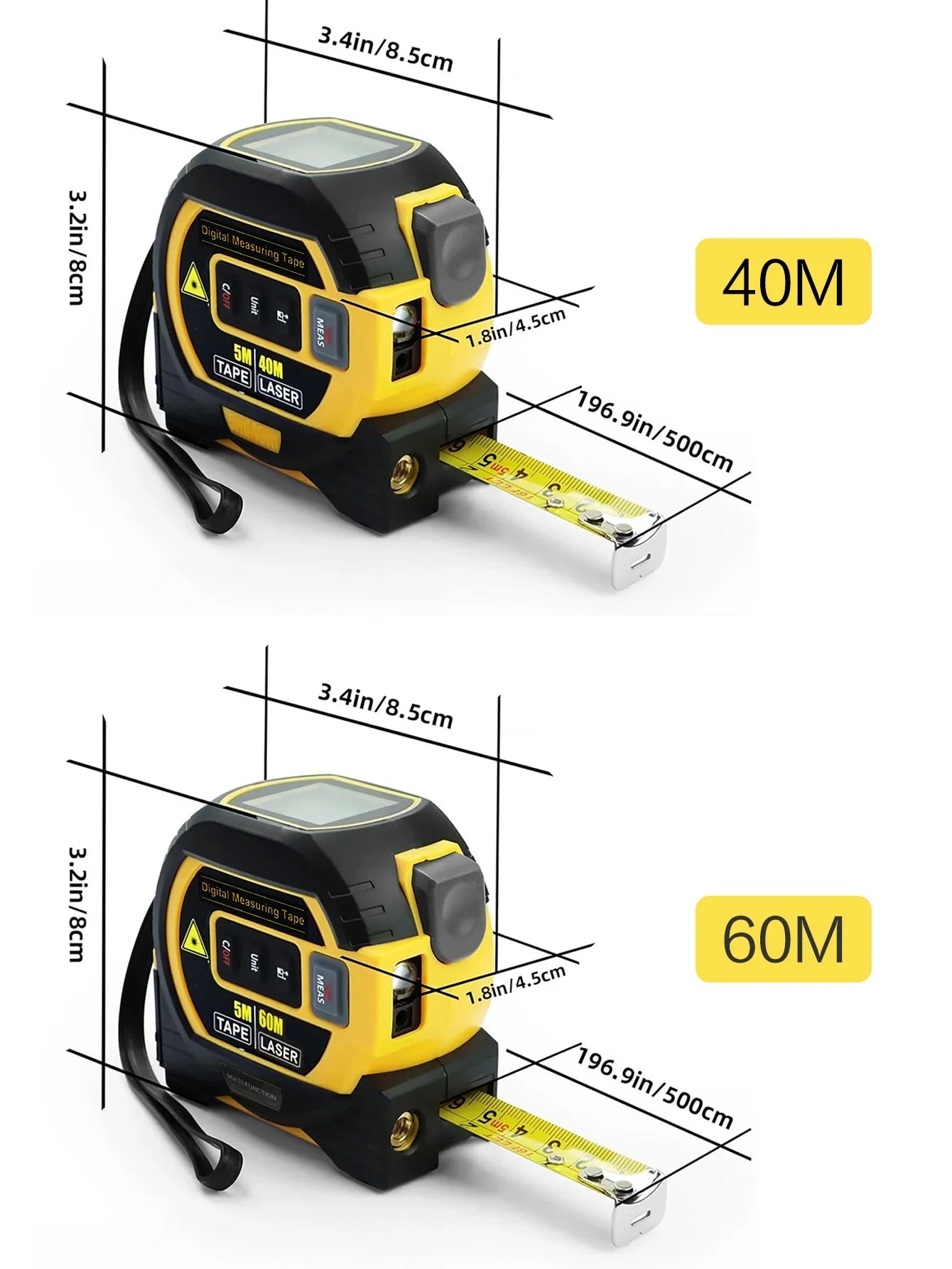 3-in-1 Laser Distance Measure 40/60M — Infrared Smart Ruler High-Precision Measuring Tool
