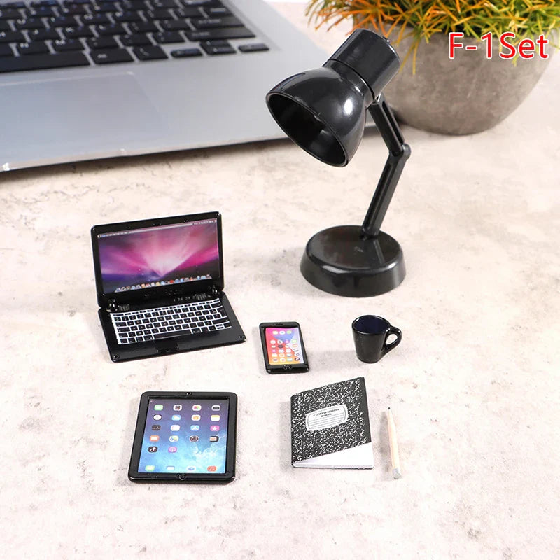 6–7PCS 1:12 Dollhouse Miniature Study Desk Set — Laptop, Phone, Tablet, Lamp & Books Scene Decor