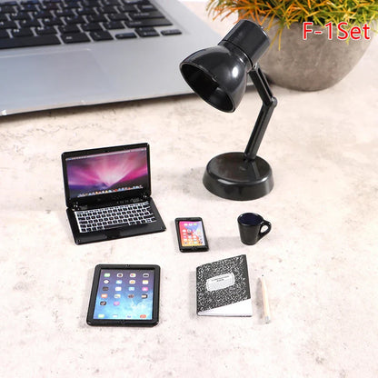 6–7PCS 1:12 Dollhouse Miniature Study Desk Set — Laptop, Phone, Tablet, Lamp & Books Scene Decor