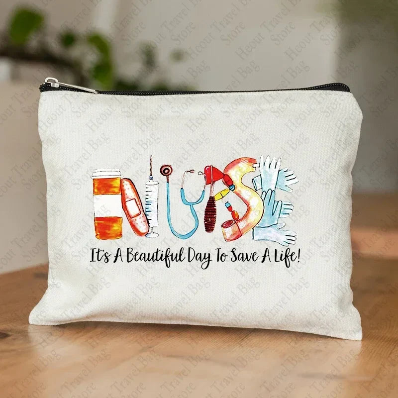 Nurse Gift Canvas Makeup Bag – Cute Coffee Print Zipper Pouch & Portable Cosmetic Organizer