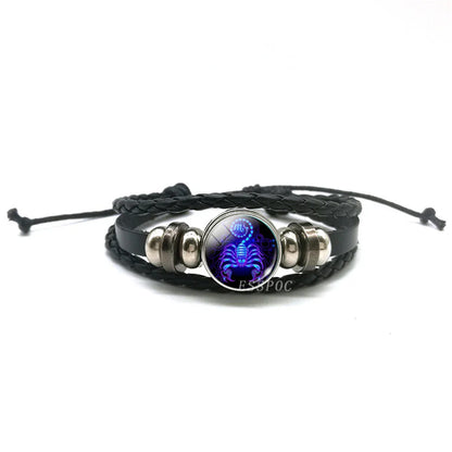 Men’s Zodiac Sign Leather Bracelet | 12 Constellation Black Braided Wrap | Punk Style Multilayer Bracelet for Birthday Gifts