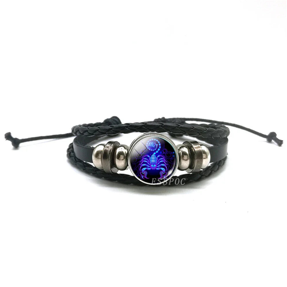 New Men's 12 Constellation Black Braided Leather Bracelet – Punk Style Zodiac Sign Multilayer Wrap Bracelet for Birthday Gifts