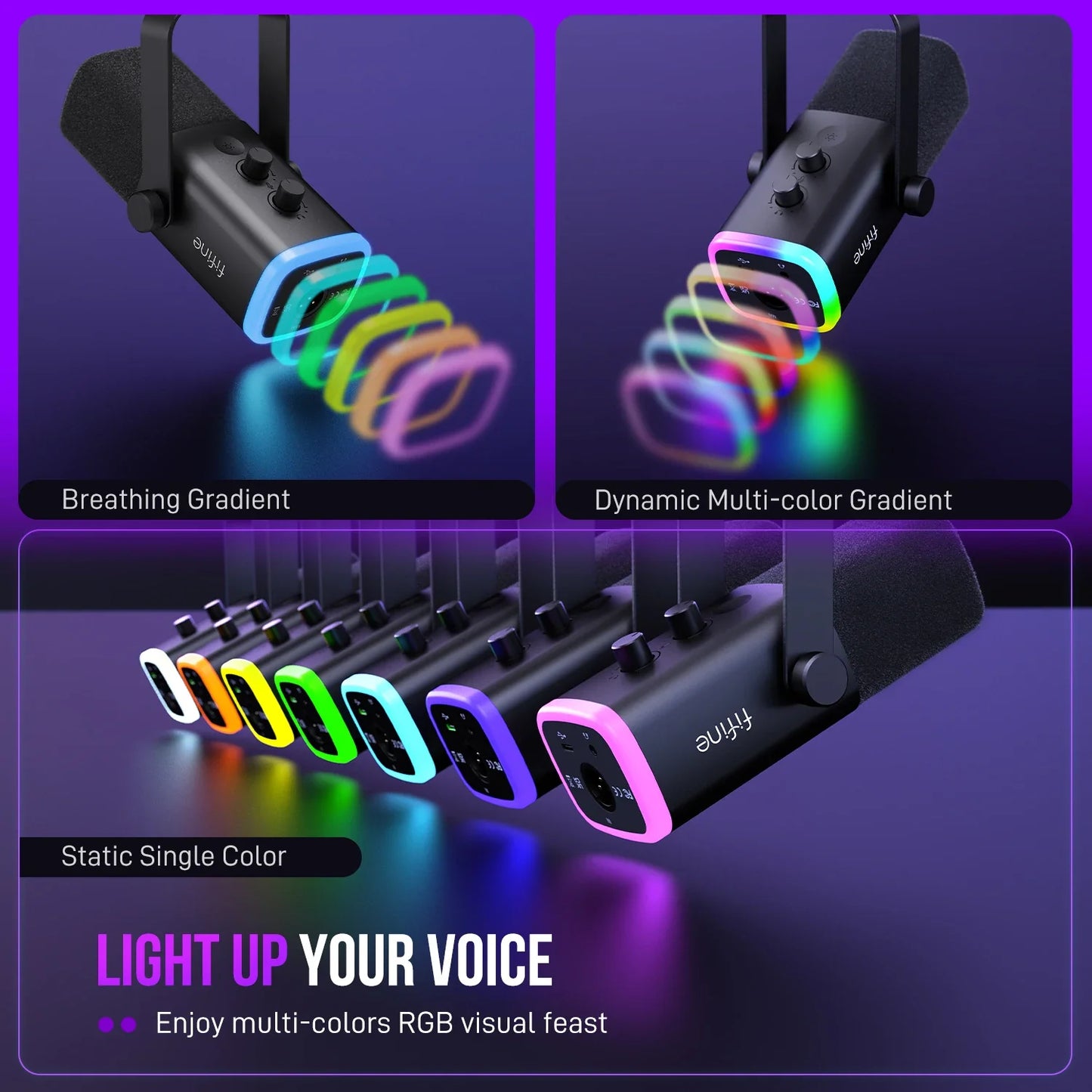 FIFINE AmpliGame AM8 USB/XLR Dynamic Microphone – RGB Control, Headphone Jack, Mute Button for PC Gaming, Recording, and Streaming