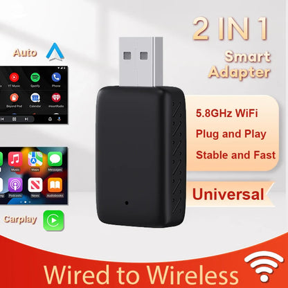 2025 Wired to Wireless CarPlay 2 in 1 Mini Adapter – Android Auto Smart Box, Plug & Play, OTA Update, Universal Compatibility