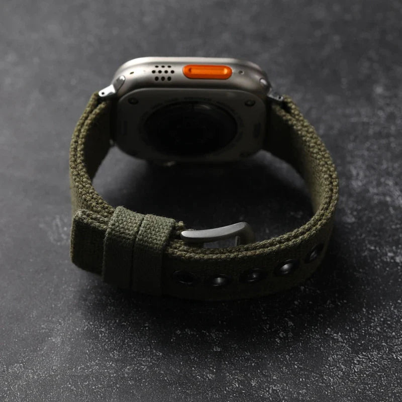 Double Canvas Strap for Apple Watch Ultra – 49MM, 45MM, 44MM, Thickened Green & Black Rugged Style Bracelet for Men