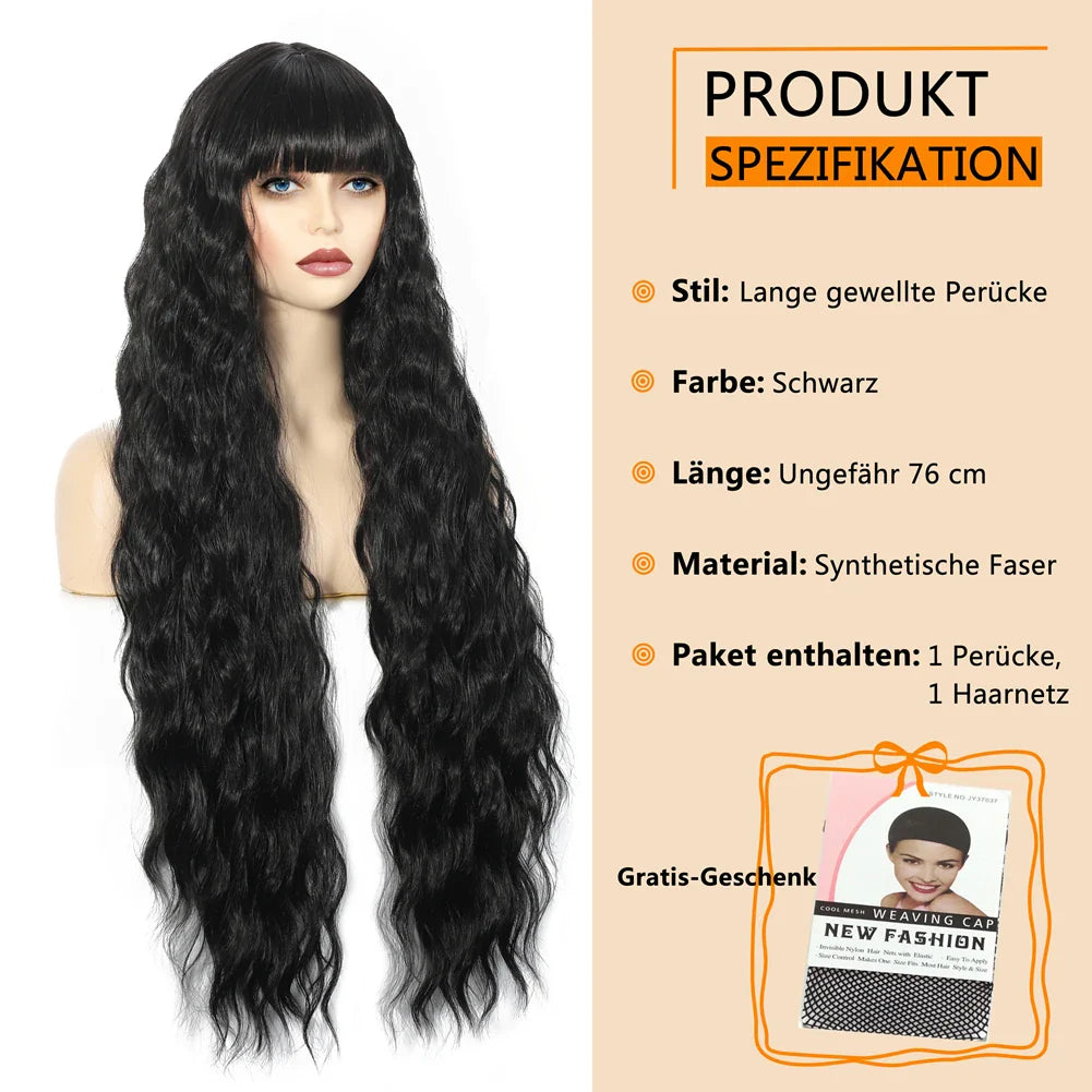 Long Straight Black Wig with Bangs - Synthetic, Heat-Resistant Hair for Women - Lolita Red Pelucas for Daily Wear and Cosplay