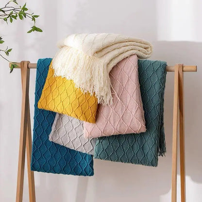 White Boho Throw Blanket – Textured Chunky Knitted Vintage Luxury Bedspread, Sofa Cover Manta Para Sofá