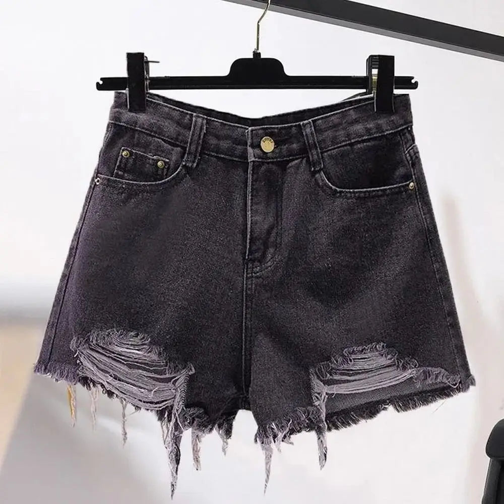 Summer Women’s Korean High Waist Cowboy Denim Shorts — Casual White Jeans with Pockets, Tassels & Ripped Holes Y2K Style