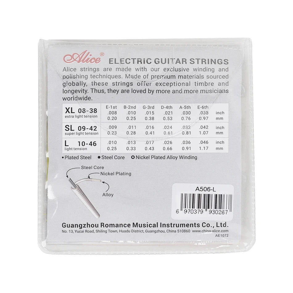 Alice A506 Electric Guitar Strings Set — Steel Core, Nickel-Plated Alloy Wound (008-038 / 009-042 / 010-046)
