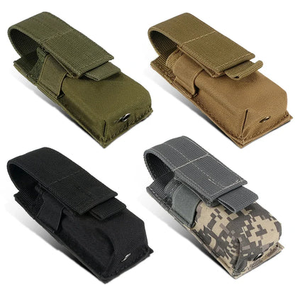 Tactical Single Pistol Magazine Pouch - MOLLE Flashlight Holder, Outdoor Hunting Knife Holster and Torch Case
