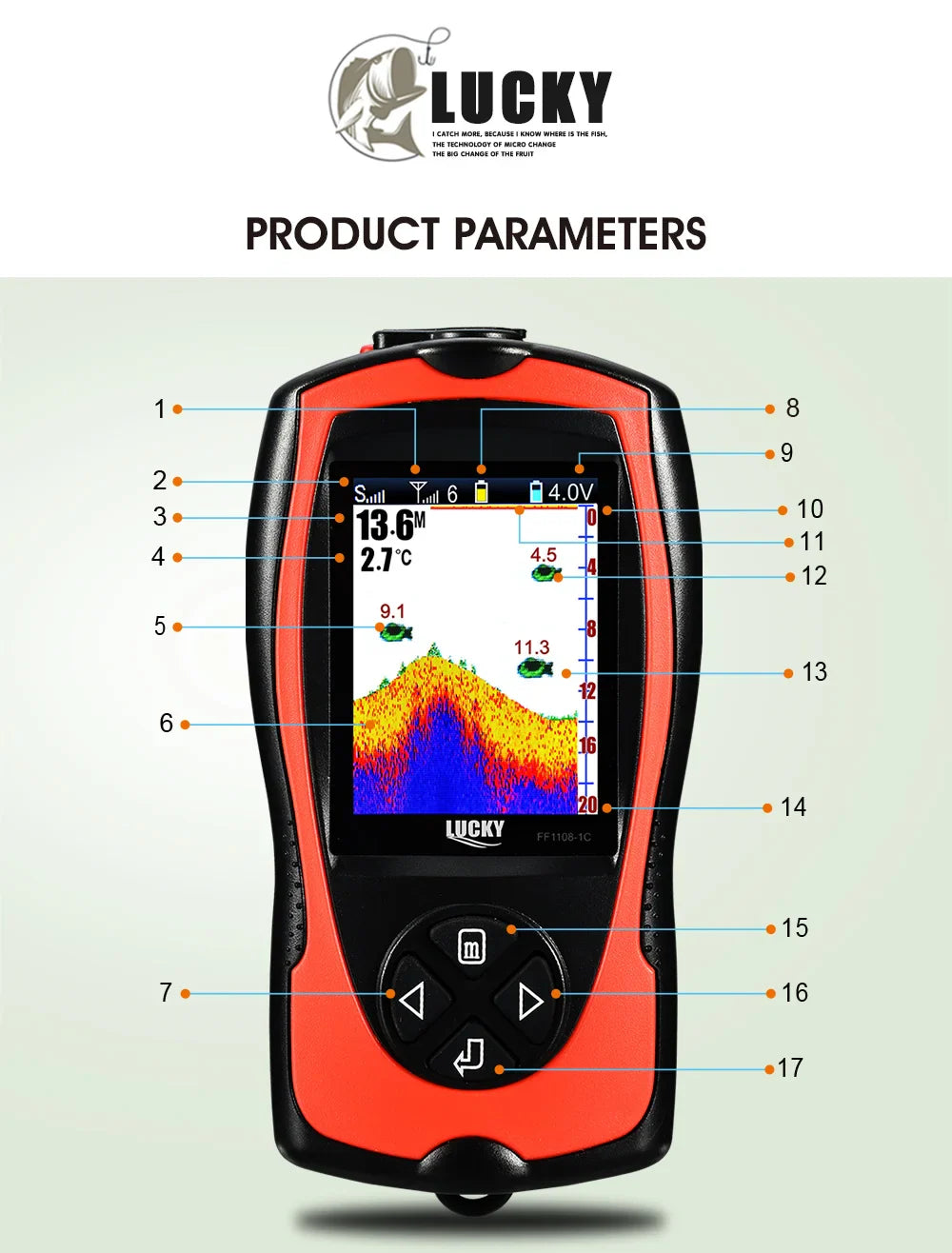 Lucky Sonar Fish Finder FF1108-1CWLA – Rechargeable Wireless Sensor, 45M Depth Echo Sounder for Portable Fishing