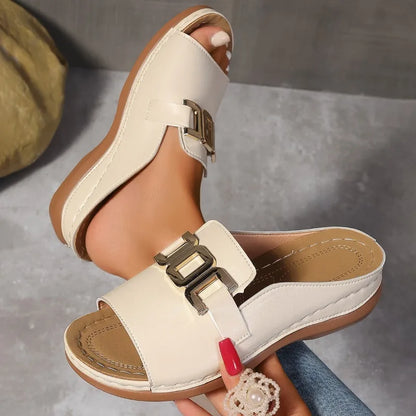 Women’s Thick Sole Fashion Sandals – Casual Summer Fish Mouth Slippers with Metal Buckle, Plus Size Comfort Slides