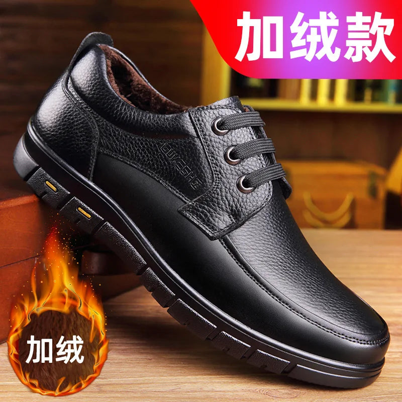 Men's Genuine Leather Casual Shoes - Soft Sole Lace-Up Loafers, Luxury Brand for Middle-Aged & Older Adults, Lightweight Dad Shoes