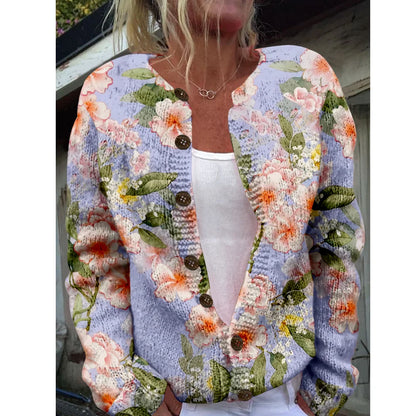 Women’s 3D Print Knitted Cardigan – Thin Vintage Sweater Autumn Winter Chic Knit Top Casual Streetwear