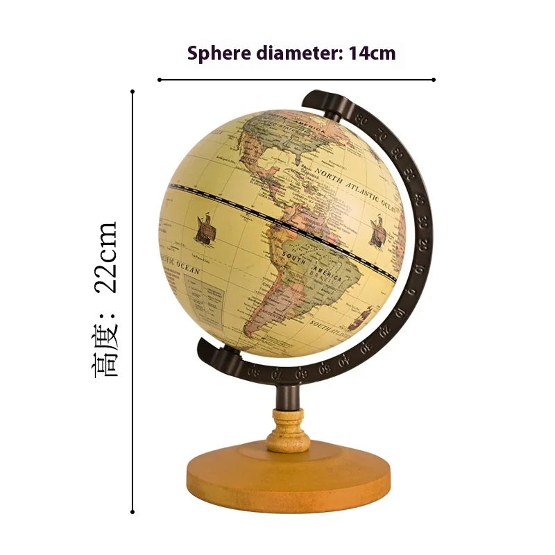 New World Globe – Retro Earth Map with Wooden Base, English Geography Education Desk Decoration