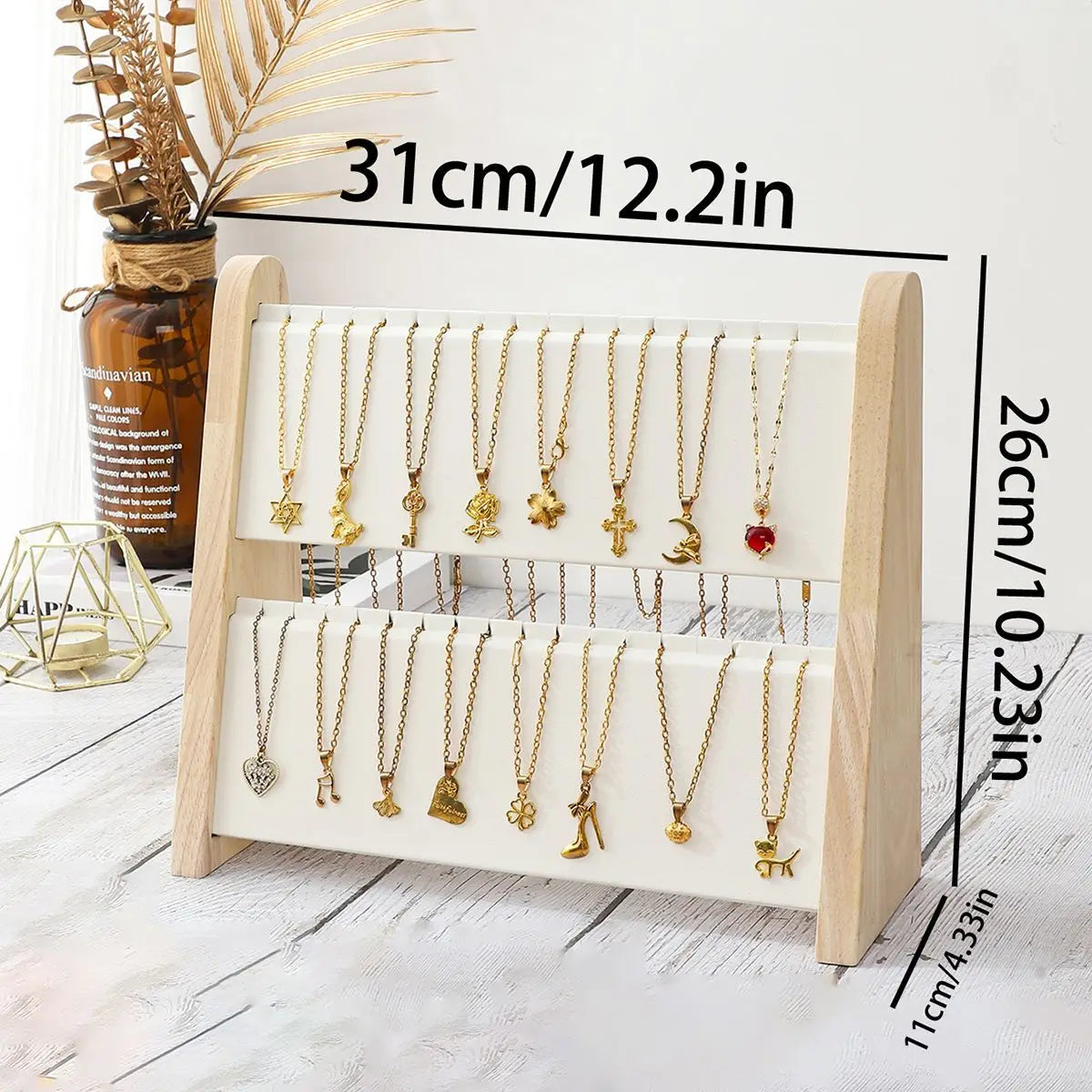 2-Layer Wooden Slope Jewelry Display Stand – Necklace & Pendant Organizer Rack Tray