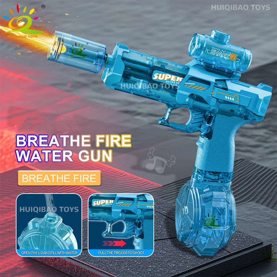 HUIQIBAO Electric Pulse Water Gun with LED Flame Effect – Automatic Sensor Water Pistol Outdoor Beach & Summer Battle Toy for Kids & Adults