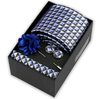 Men’s 4-Piece Tie Set Gift Box - Elegant Necktie with Handkerchief, Cufflinks & Brooch for Business, Wedding & Suit Accessories