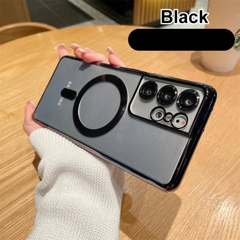 MagSafe Magnetic Plated Phone Case - 4K Glass Full Camera Protection Cover for Samsung Galaxy S24 Ultra S23 FE S22 Plus S21 Series
