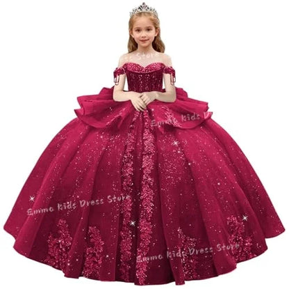 Lace Flower Girl Dress - 3D Floral Appliqué, Beading & Long Bow Ball Gown