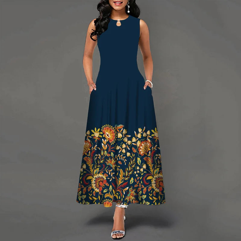 Women’s Loose Floral Vintage Maxi Dress – Ruffled Hole Summer Camis Big Size Elegant Party Dress
