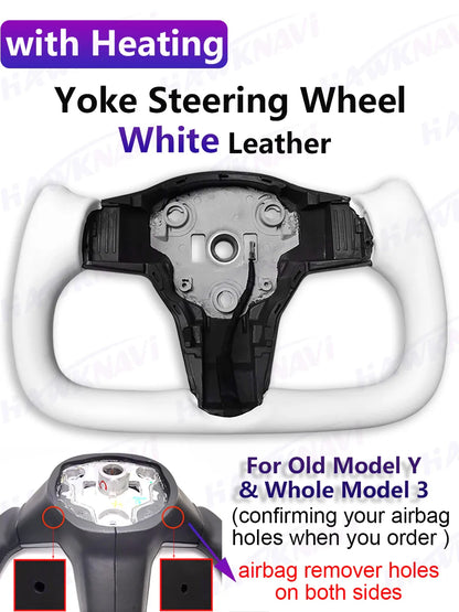 Hawknavi 350mm Yoke Steering Wheel – Leather Racing Style for Tesla Model 3 & Model Y, Heated Optional, White & Black
