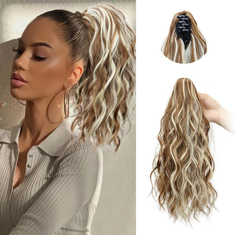 Synthetic Short Curly Water Wave Claw Clip-In Ponytail – Black & Blonde Hair Extension for Women Fashion Accessories