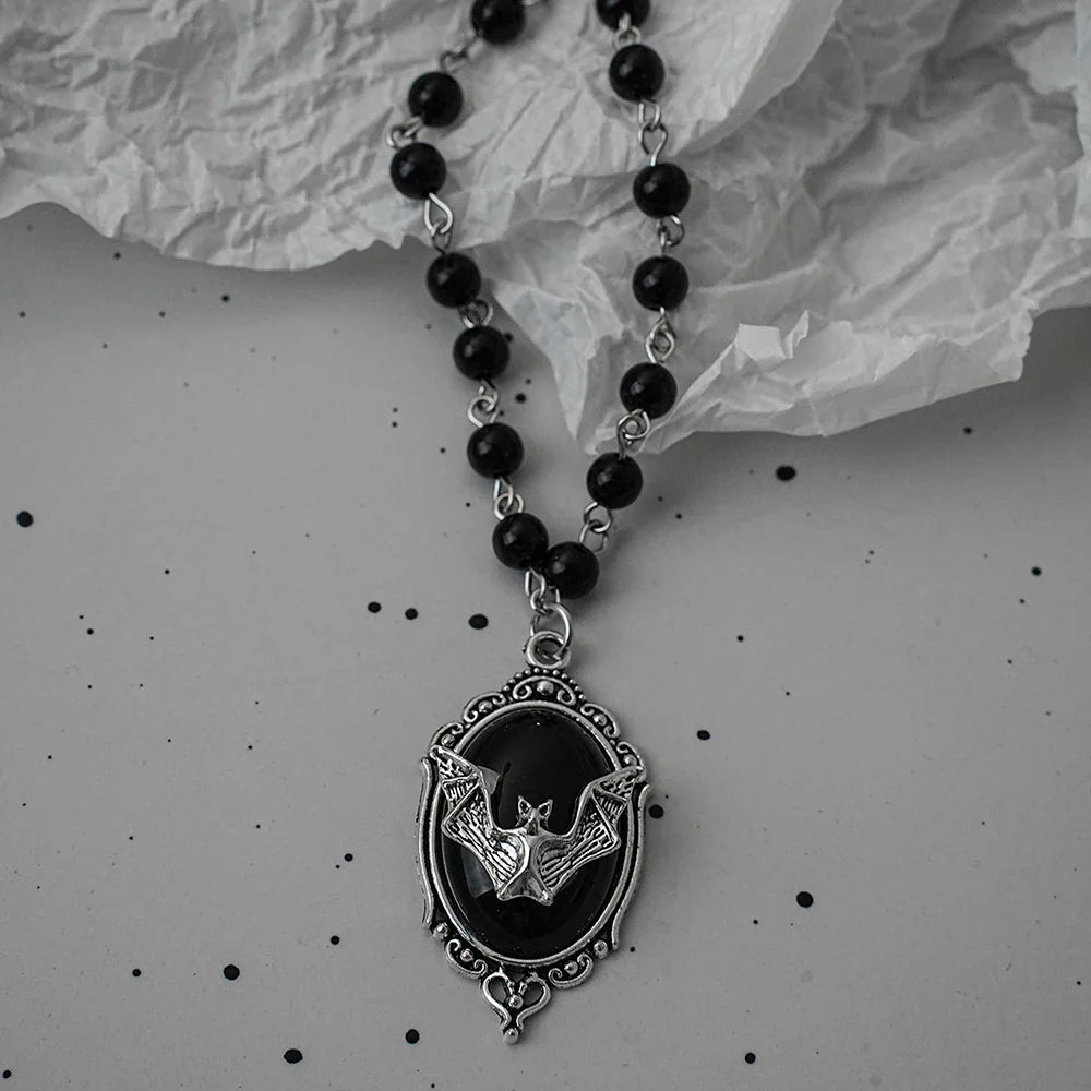 Gothic Bat Cross Necklace Set - Y2K Thorn Love Black Beaded Layered Jewelry for Halloween Parties