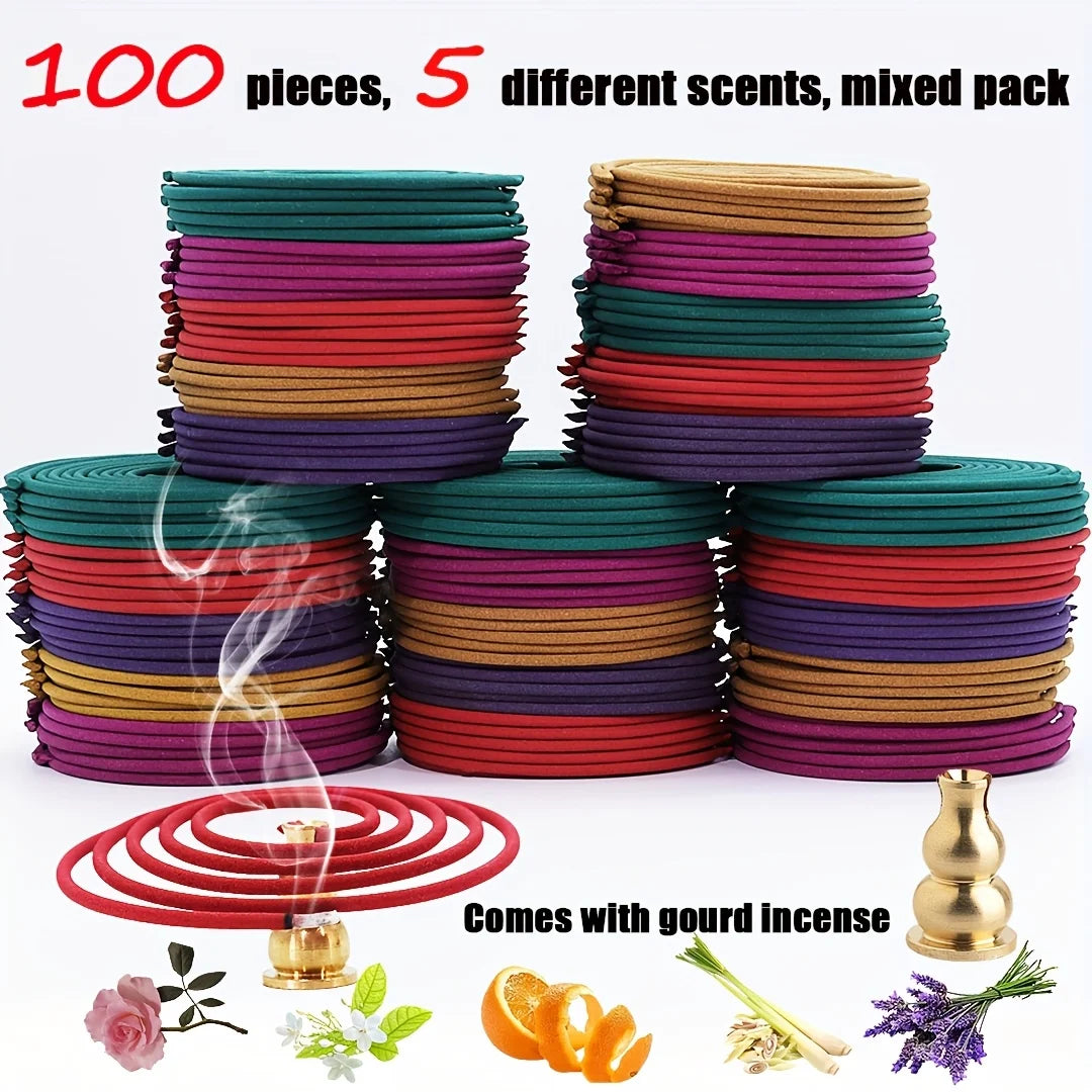 100-Piece Mixed Aromatherapy Spiral Incense Coils – Lemongrass, Rose, Jasmine, Lavender & Orange (3-4 Hour Burn)