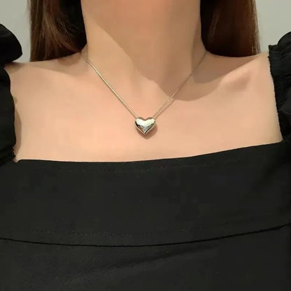 Silver Heart Pendant Necklace for Women – Trendy Korean Snake Chain Choker Jewelry
