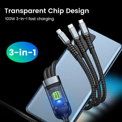 3-in-1 Fast Charging USB to Type-C Micro Charger Cable - 100W, 5A Compatible with iPhone 14, 13, Samsung, Xiaomi, Huawei