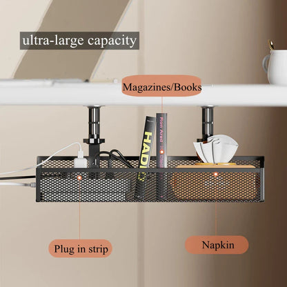 No-Drill Extendable Under Desk Cable Management Tray | Retractable Power Strip & Cord Holder with Clamp