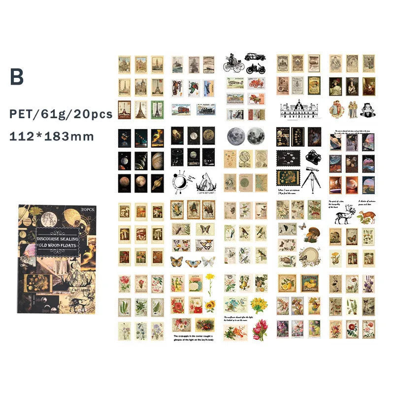 20 Sheets Vintage Scrapbooking Stickers, PET Material, Creative DIY Journal Collage, Journaling Supplies