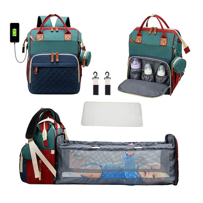 3-in-1 Diaper Bag Backpack – Waterproof Travel Bag with Foldable Baby Bed & USB Charging